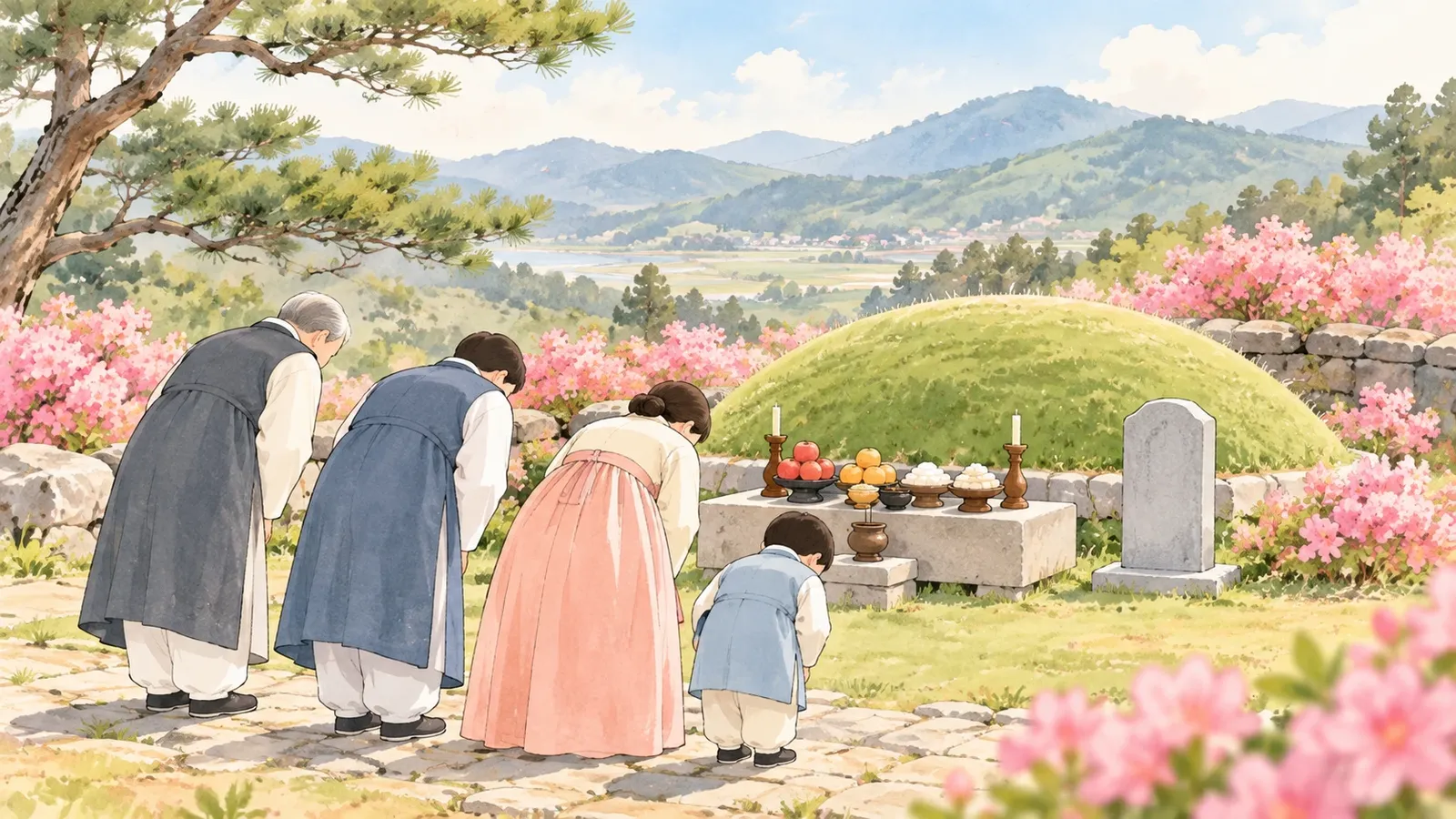 가족이 봉분 앞에 제물을 차리고 절을 올리는 성묘 그림